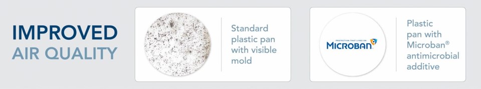 Comparison of two plastic pans. One with mold and one without mold using microban technology.